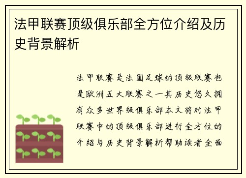 法甲联赛顶级俱乐部全方位介绍及历史背景解析